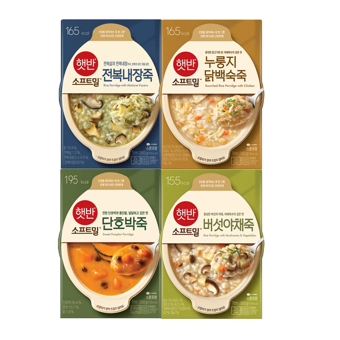 비비고 햇반 죽 4종 280g (전복내장죽,누룽지닭백숙죽,버섯야채죽,단호박죽)